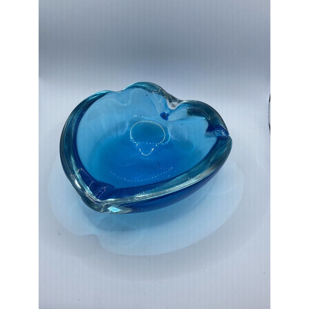 MURANO (?) Mid Century MCM Blue Pinched Glass Ashtray Dish Bubbles Blown Glass
